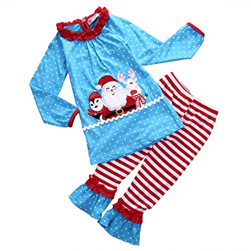 Kids Little Girls Christmas Outfit Long Sleeve Santa Claus Snowman Applique Top Ruffle Leggings Set (120(5-6T), Blue)