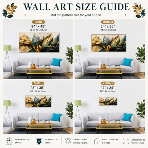 Image of DEKORSTATION Luxurious Golden Flower Canvas Art Elegant Floating Framed Painting for Bedroom, Living Room, Drwaing Room Wall Decoration Size : 12x24 Inches