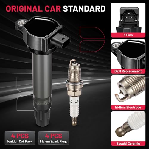 Image of BDFHYK Ignition Coil Pack UF557 and Iridium Spark Plug BY481ZFR5F Compatible with Jeep Patriot Compass 2007-2017 Dodge Journey 09-19 Caliber 07-12 Chrysler 200 Sebring Jeep Oem Coil Pack Set of 4