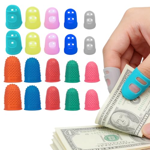 20 Pcs Silicone Thimbles for Hand Sewing Finger Grips for Sorting Paper Embroidery Finger Protector Reusable 5 Sizes Colors Rubber Thumbs for Sorting Mail Quilting Knitting and Crafts