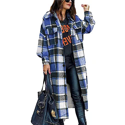 Jackets For Women,Winter Collared Button Up Down Plaid Long Coats Loose Fit Trench Coats For Women Cardigan With Pockets Women Winter Coats Women Fall Cardigan Coats Winter(D-Blue,Xx-Large) #TOP1
