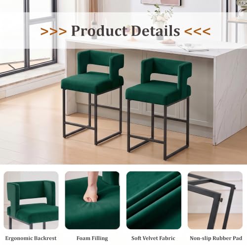 Image of Counter Height Bar Stools Set of 4, 26 inch H Upholstered Counter Stools with Metal Frame Black Legs Square Back Bar Height Stools, Velvet Modern Bar Stools for Kitchen Island, Bar, Counter, Green