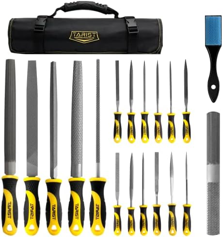 TARIST 19Pcs Metal & Rasp Files Set, Includes Flat/Half-Round/Round/Triangle Large File/Half-Round Rasp/4 Way File/12pcs Needle Files/Brush/Rolling Tool Bag, Work for Metal, Wood and More