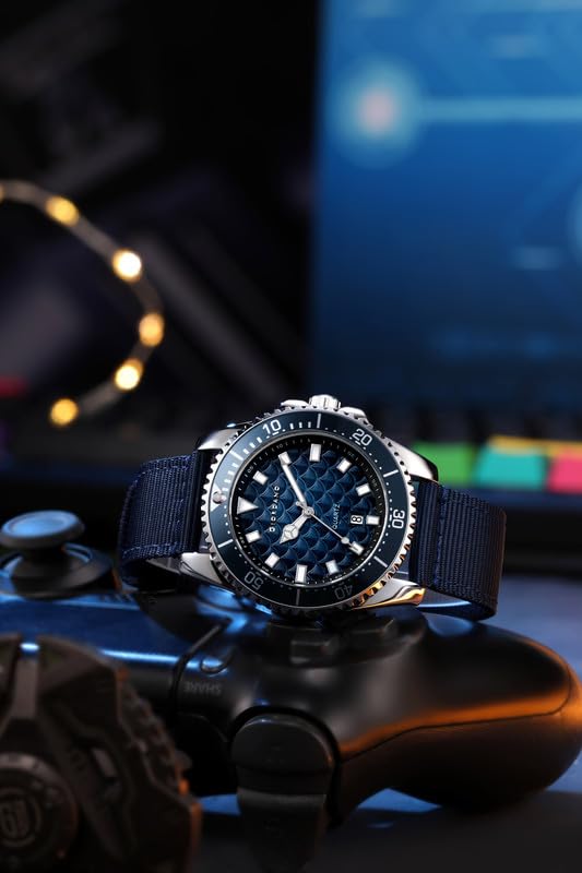 Image of Giordano Analog Quartz Watch for Men with Black Textured Fish Scale Dial, Luminous Hands & Markers, Date Window, Nylon NATO Strap, Rotating Bezel