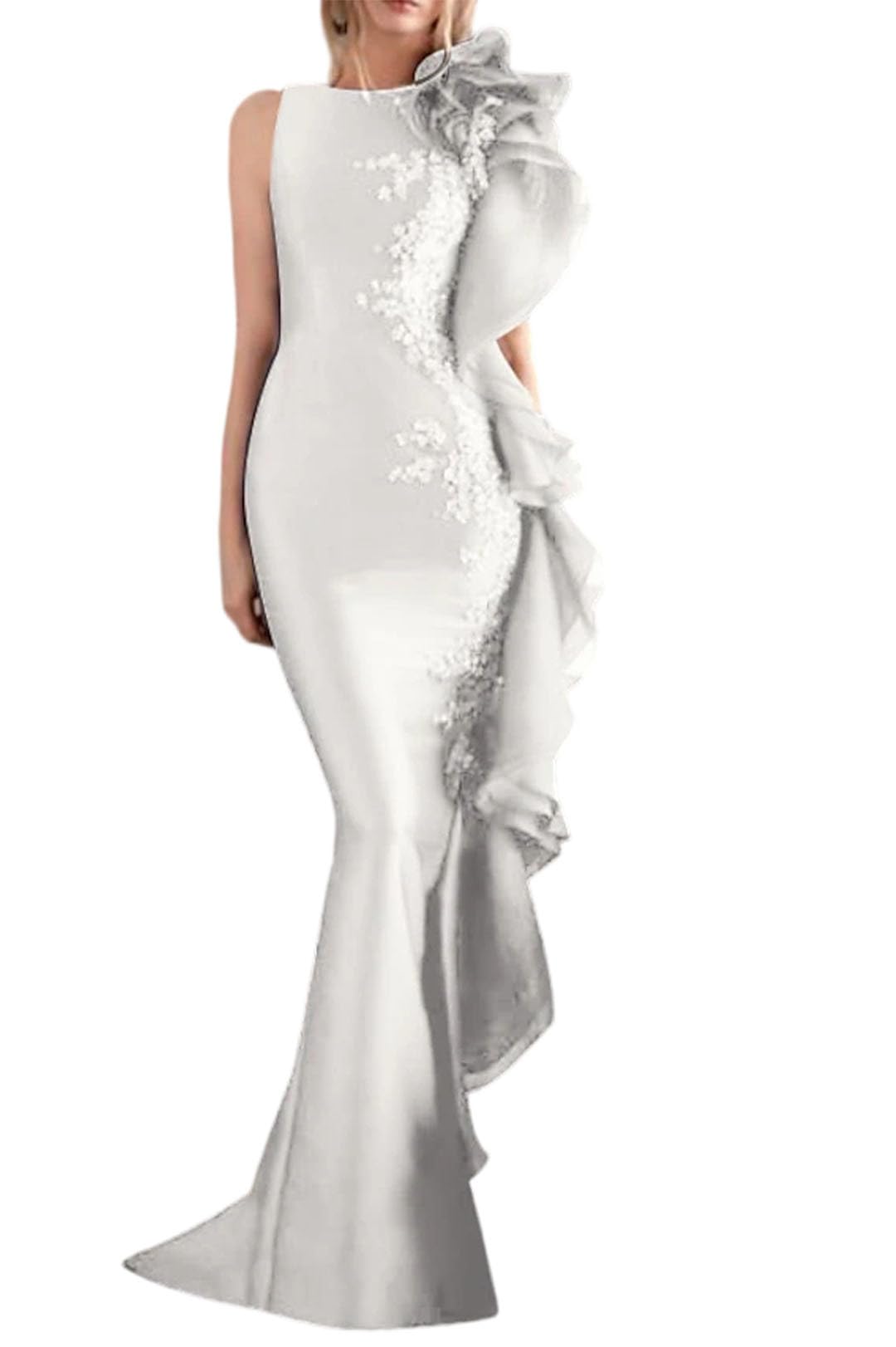 – Mermaid Evening Gown Sweep/Brush Train Sleeveless Jewel Neck Wedding Guest Dresses Stretch Satin with Appliques