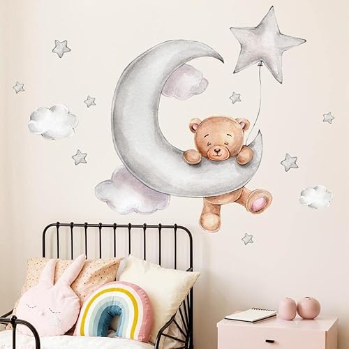 Miniatura 7 de Enfudid - 2 calcomanías de pared de oso de peluche durmiendo en la luna y estrellas para habitación de niños, habitación de bebé, habitación de