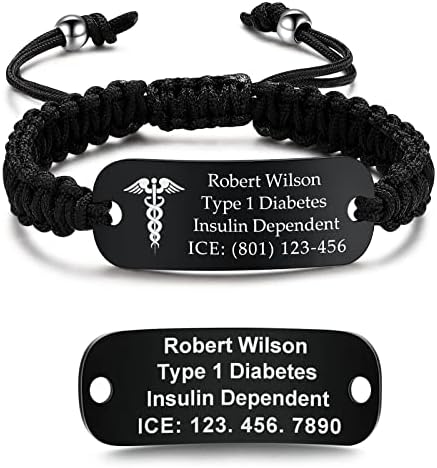 Medical Alert Bracelets for Women & Men | Custom Medical Bracelets for Women with Handmade Nylon Braided Rope | Free Engraved Medical ID Bracelets for Men with Stainless Steel Black Curved Card