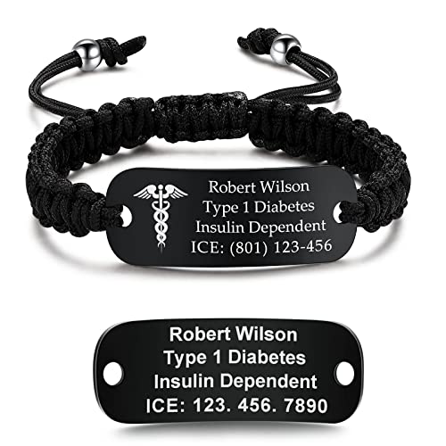 Medical Alert Bracelets For Women & Men | Custom Medical Bracelets For Women With Handmade Nylon Braided Rope | Free Engraved Medical Id Bracelets For Men With Stainless Steel Black Curved Card #TOP20