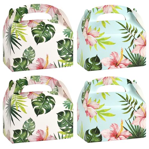 36 Pack Medium Hawaiian Tropical Themed Gift Bags with Handles and 36 Pink Tissue Paper for Luau Parties, Birthdays, Weddings, Bridal Showers, Boutiques (10x8x4 Inch, 2 Designs Assorted)