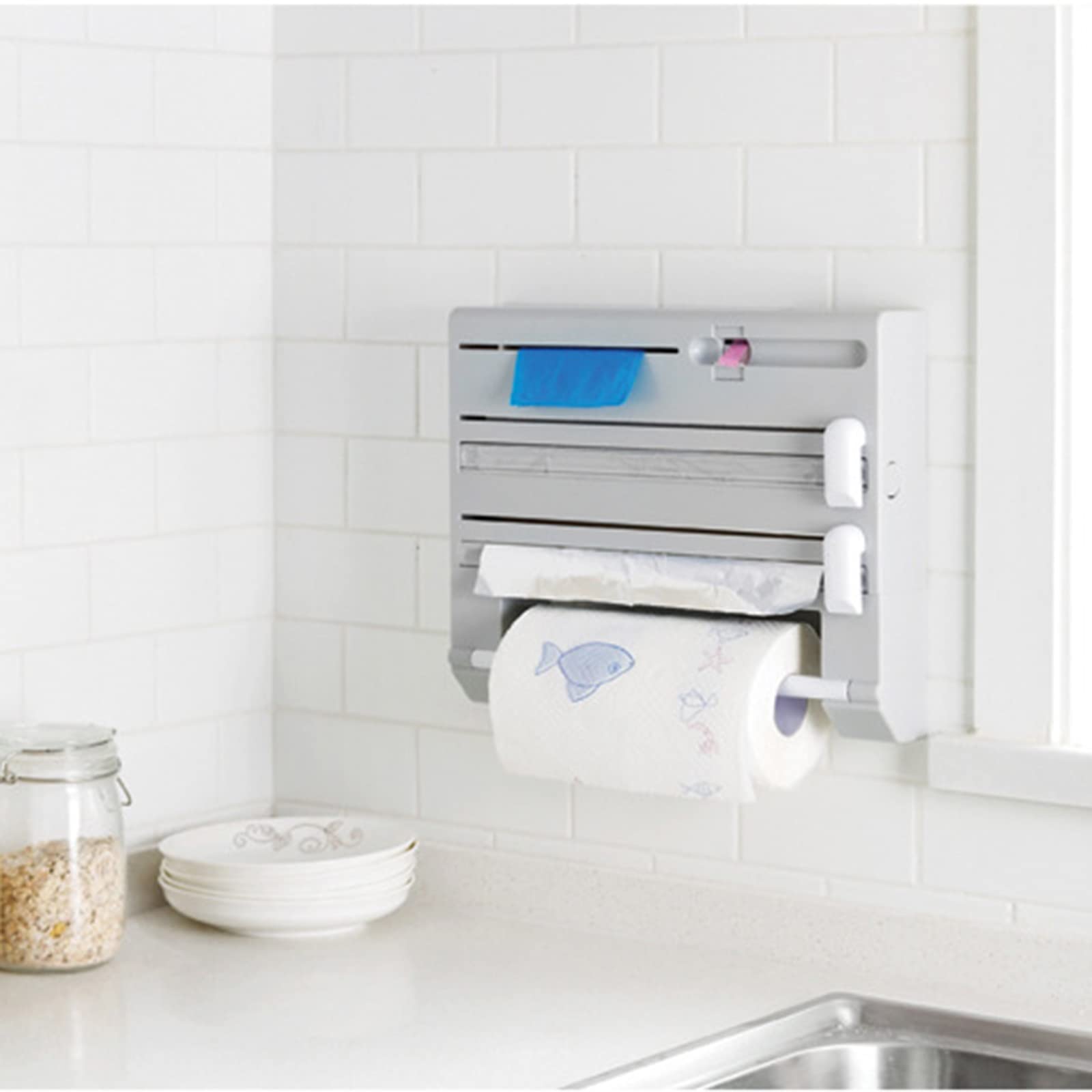Organisateur d'emballage en plastique 6 en 1 avec coupe-papier, distributeurs de nourriture, machine de découpe d'emballage en plastique non poreux fixée au mur, adaptée aux emballages d'aliments, de