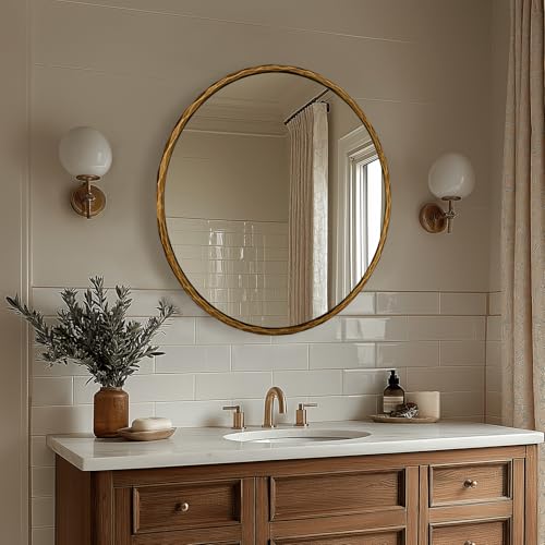 Image of ANDY STAR 24 Inch Hand-Forged Round Gold Mirrors, Solid Steel Frame Antique Brass Bathroom Round Wall Mirror for Over Sink, Vanity Hammered Circle Mirror for Vintage, Farmhouse, Rustic