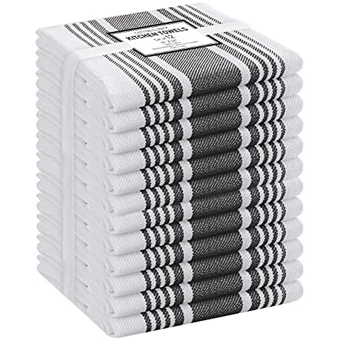 Cotton Clinic Farmhouse Stripe Kitchen Towels - Soft Absorbent Quick Drying Kitchen Linen - Dish Towels, Dish Cloths, Tea Towels and Cleaning Towels with Hanging Loop -12 Pack - 16x28 / Black White Cover