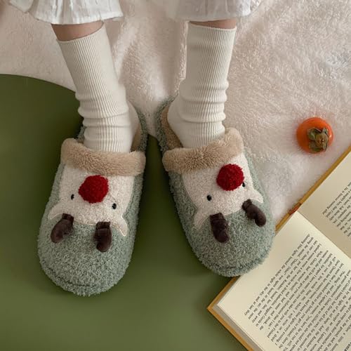 Winter Fuzzy Cozy Non-Slip Indoor Slippers Warm Plush Home Shoes Elk Mute Slippers for Women(36-37, Blue)3