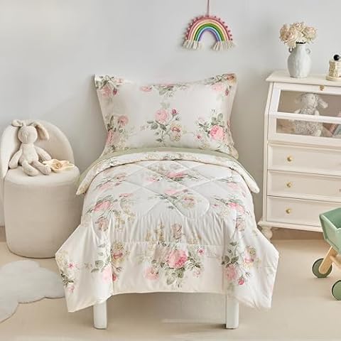 DuShow 4 Pieces Cotton Bedding Set,Pink Flower Reversible Toddler Comforter Set,Floral Toddler Bed Sheet Set,Kids Toddler Bedding Set for Girls Cover