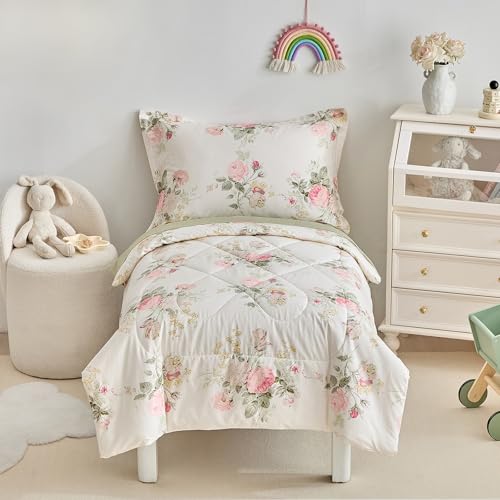 Image of DuShow 4 Pieces Cotton Toddler Bedding Set,Pink Flower Reversible Toddler Comforter Set,Floral Crib Bed Sheet Set,Kids Toddler Bedding Set for Girls