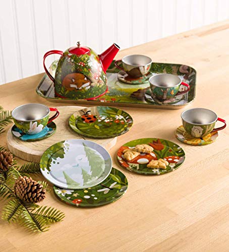 Hearthsong 15-Piece Woodland-Themed Pretend-Play Tin Tea Set, Includes Teapot, 4 Plates, 4 Cups, 4 Saucers, Serving Tray And Carrying Case #TOP2