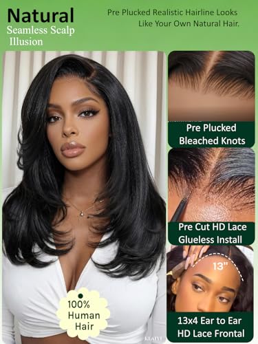 Image of KLAIYI Pre Everything Layers Yaki Straight Glueless 13x4 Lace Front Wigs Human Hair Drawstring Pre Plucked Bleached Knots Ready to Wear and Go Wigs for Women Face Framing Bang Beginner Friendly 18Inch