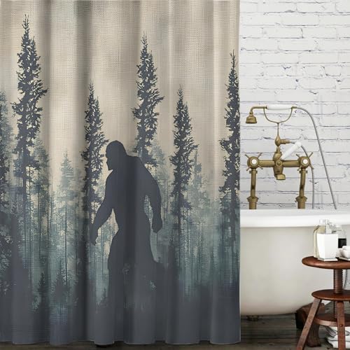 Bigfoot Shower Curtain for Bathroom Mysterious Misty Forest Bigfoot Animals Showers Curtain Set with 12 Hooks Modern Hotel Luxury Waterproof Polyester Fabric Bathtub Windows Decor 72x72- Brown