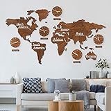 Lieferumfang: Weltkarte zum Zusammenfügen, 5 Wanduhren (ohne Batterien), 6 Schriftzüge aus Acrylspiegel, große und kleine Klebepads, Anleitung für die Anbringung der einzelnen Kontinente, Länder, Inseln und Uhren