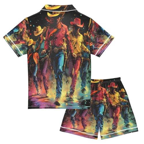 ALAZA Colorful Cowboy Dance Satin Pajamas Set Short Sleeve Button Down Sleepwear Summer Pjs 2 Piece2