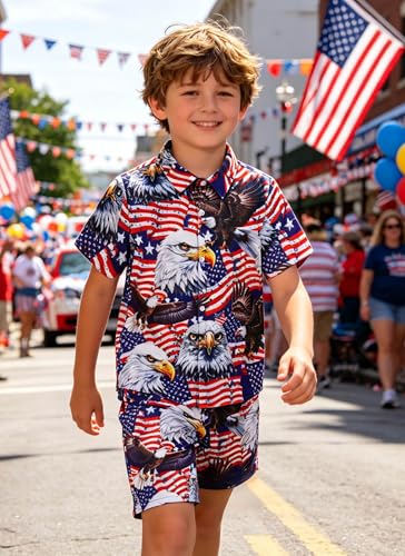 Image of UNICOMIDEA Boys 4th of July Outfits Kids Patriotic Independence Day Tropical Short Sets for 5-12 Years