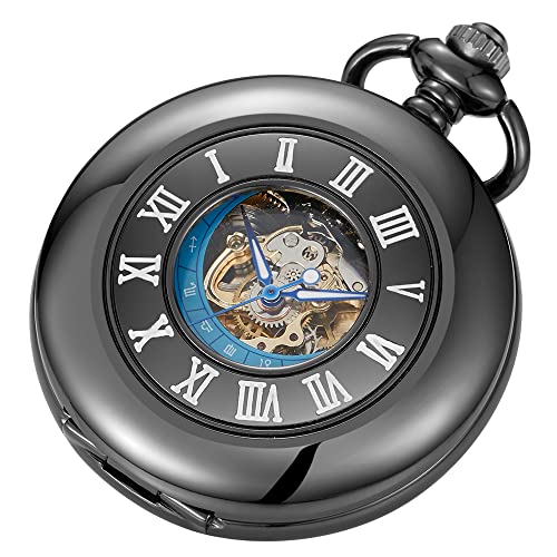 Image of Steampunk Vintage Smooth Roman Carved Case Design Mechanical Hand-Wind with Chain & Box Best Gifts