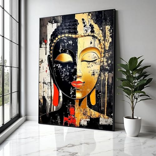 Tableau abstrait Bouddha bicolore 60x90 cm avec cadre intérieur