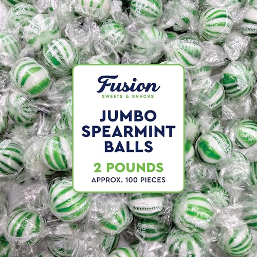 Jumbo Spearmint Mint Balls – 2 Pound Bulk Bag, Spearmint Candy Individually Wrapped, Green And White Candy Jumbo Pieces, Hard Mint Spheres With Refreshing Flavor, Ideal For Holidays, Weddings, Valentine’s Day, Party Favors, Spearmints