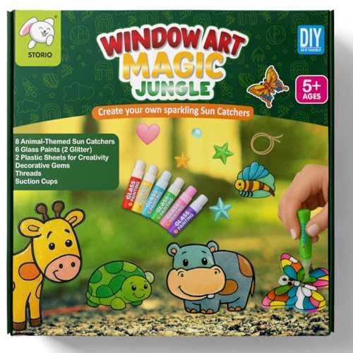 Image of Storio Window Art Magic Jungle Set | DIY Animals Sun Catcher Kit with Glass Paints & Decorative Gems | Art and Craft Kit