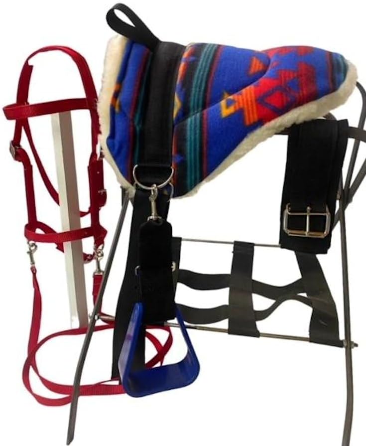 Miniature Horse/SM Pony Childrens Complete Bareback Saddle PAD Set - Southwest Blue, RED, Turq - BITLESS Bridle