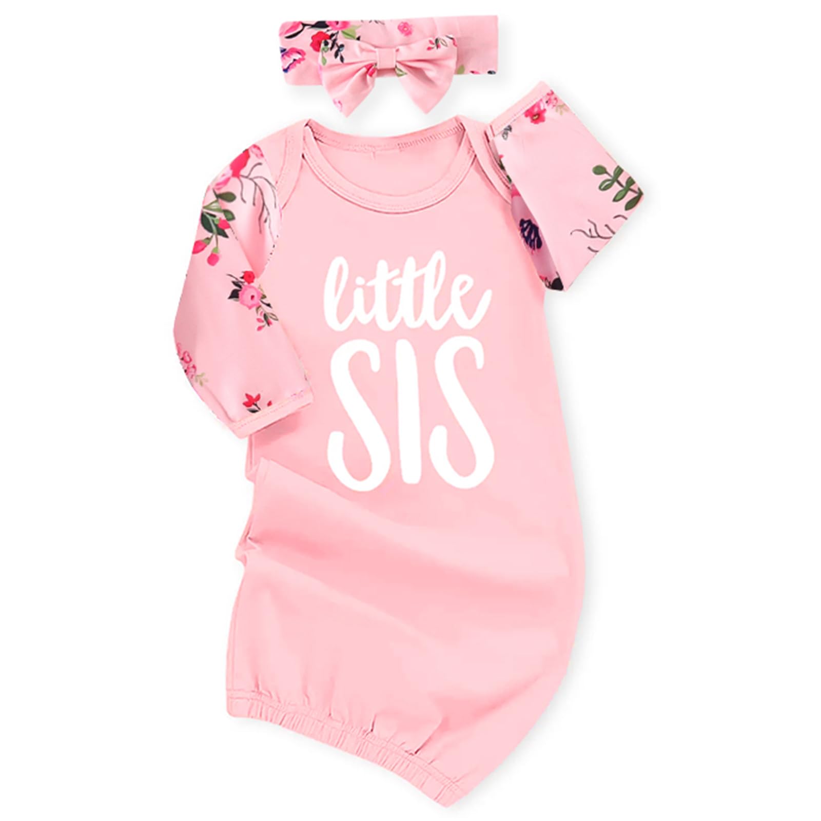 AMAWMW Newborn Baby Girl Little Sister Sleeper Gown Stripe Long Sleeve Nightgown Pajamas Gifts Stuff Essential Outfit A Light Pink Flower Sleeve 0-6 Months