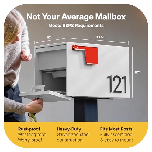 Image of Adoorn Lockable Post Mount Mailboxes for Outside - Small Anti-Theft Locking Mailbox for Packages and Letters - Weatherproof Construction - Durable Steel - 12 inch H x 12 inch W x 18.5 inch D - White