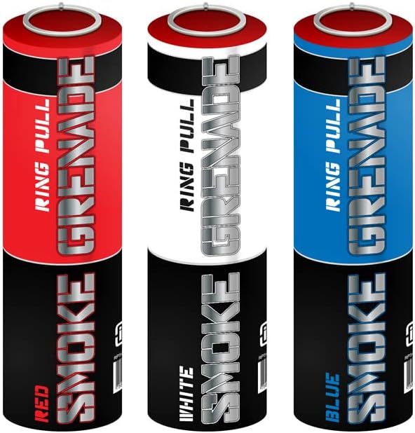 Pack of 3 Ring Pull Smoke Grenade Effects for Paintball, Weddings, Photo-shoots & Special Effects (Red, White, Blue)