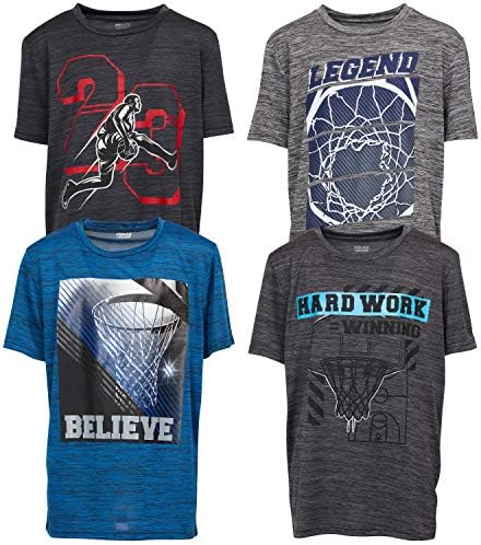 4 Pack: Boys Athletic Active Performance Workout Basketball 4 Piece Graphic Crew Neck Short Sleeve T-Shirt Top (10/12, Set B)