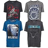 4 Pack: Boys Athletic Active Performance Workout Basketball 4 Piece Graphic Crew Neck Short Sleeve T