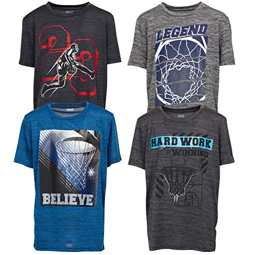 4 Pack: Boys Athletic Active Performance Workout Basketball 4 Piece Graphic Crew Neck Short Sleeve T-Shirt Top (10/12, Set B) #TOP3