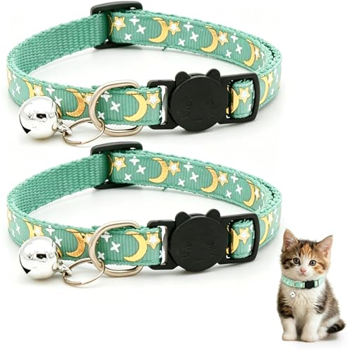 Reflective Adjustable Cat Collar with Bell Moon Star Print Kitten Collar with Safety Breakaway Buckle Cute Cat Collar for Cats Kittens Multiple Colors Available (2 Pack)
