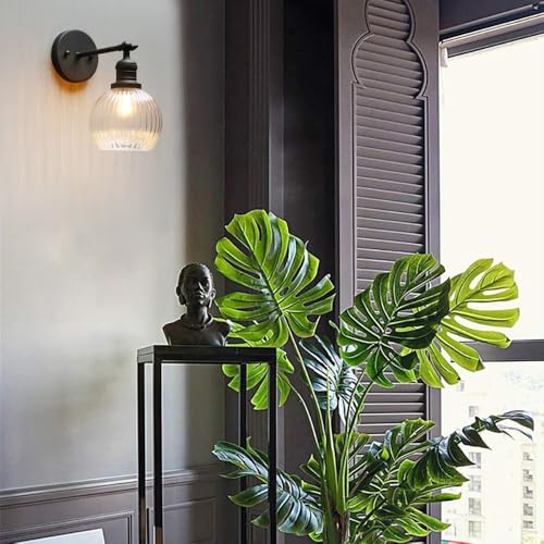 Image of PERMO Vintage Wall Sconce Indoor Adjustable Wall Sconce with Ribbed Globe Glass Shade Black Wall Light Fixtures for Hallway Bathroom Kitchen Living Room