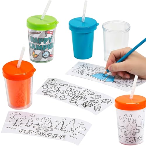 Fun Express 3 3/4" 6 oz. Color Your Own Camp Cups with Lids & Straws - 12 Pieces by Fun Express - Used condition - US$19.73