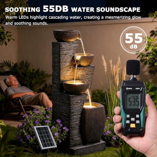 Image of 38.2 inch Tall Solar Water Fountain Outdoor Garden with LED Lights | 4 Tiers Modern Cascading Bowls and Stacked Stones Solar Powered Fountains for Patio, Deck, Porch, Backyard, Lawns
