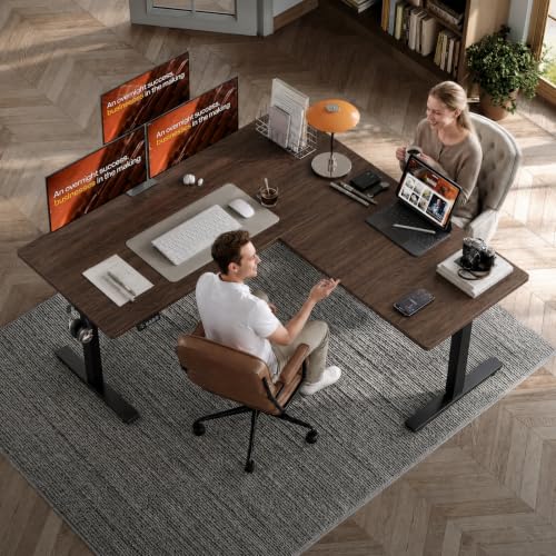 Image of Grandder 63 x 55 Inch L Shaped Standing Desk, Electric Height Adjustable Corner Stand Up Desk, Sit Stand Corner Table Home Office Table, Walnut Top Black Frame