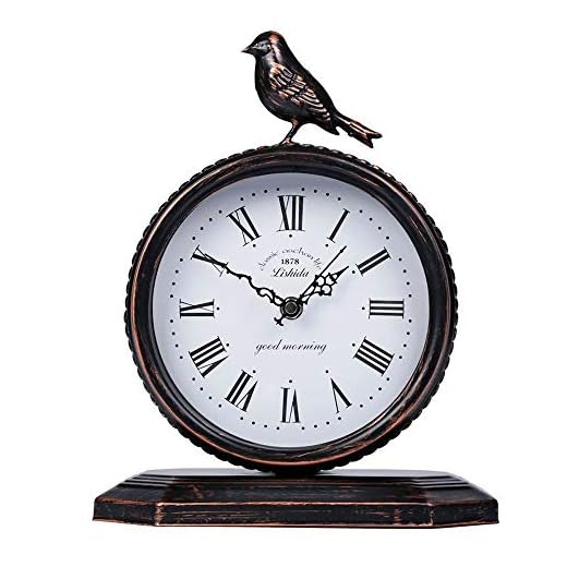 SHISEDECO Vintage Cottage Metal Table Clock with Bird, Retro Mantel/European Wrought Iron Metal Industrial Quartz Desk & Shelf Clock (E)