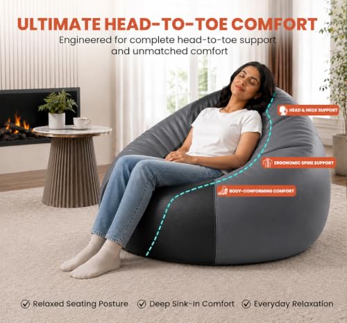 Image of Sattva Classic 3XL Bean Bag Chair with Beans Filled | Sofa Style Faux Leather Beanbags with Beans | Comfortable Bin Bags Sofa for Adults & Teens, Living Room & Office | Black & Grey