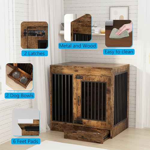 Rustic Brown Heavy Duty Furniture Dog Crate, Wood and Metal Kennel Cage, Pet House End Table with Drawer and Pull-Out Design, Dog Home for Indoor use, Medium Size - Image 4