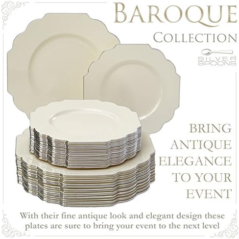 Silver Spoons Premium Reusable Dinnerware Plates | Baroque, Ivory,Off-white, 20 Servings