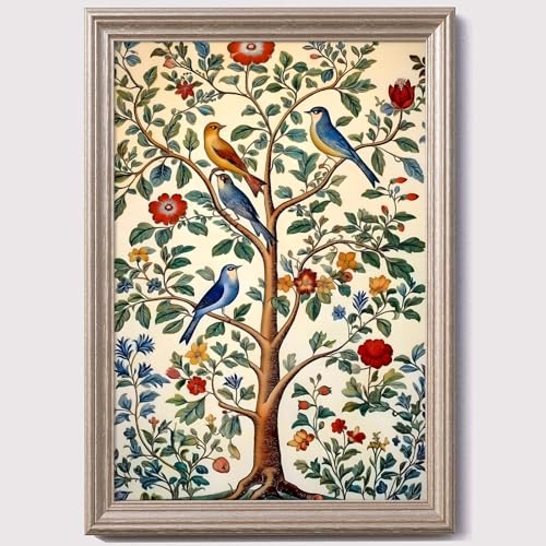 Colorful Tree Of Life Canvas Wall Art Exotic Bird Prints Vintage Tree Artwork Botanical Wall Art Colorful Tree Picture Vintage Bird Painting Tree Of Life Art Canvas Blue Bird Poster 16x24inch No Frame