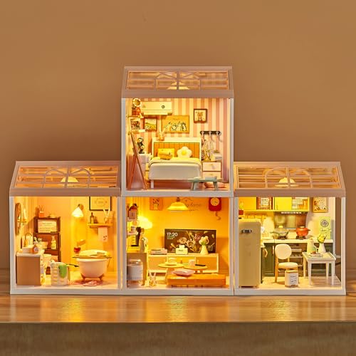 Miniature Living Room DIY Play Kit – 92Pcs 1:20 Scale Dollhouse Furniture Toy with LED Light, Modular Scene Connector & Realistic Details Tiny House for Kids 8+ and Collectors