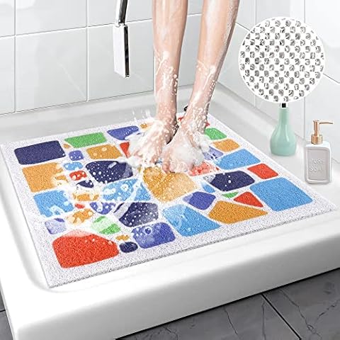 Square Shower Mat, Non Slip Anti Mould Bath Mat 60 x 60 cm, Loofah Shower Mats for Inside Shower, Washable Bath Mats with Drain, Bath Mat for Bathroom Floor, Bathtub Mat for Elderly, Quick Dry Cover