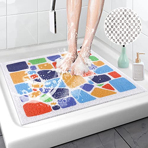 Tapis de Douche Antidérapant, Tapis de Bain Carré en Luffa avec Drain, 60 x 60 cm Tapis de Salle de Bain en PVC pour Sol Humide, Tapis de Douche Lavable, Séchage Rapide (Galet de Couleur) Cover