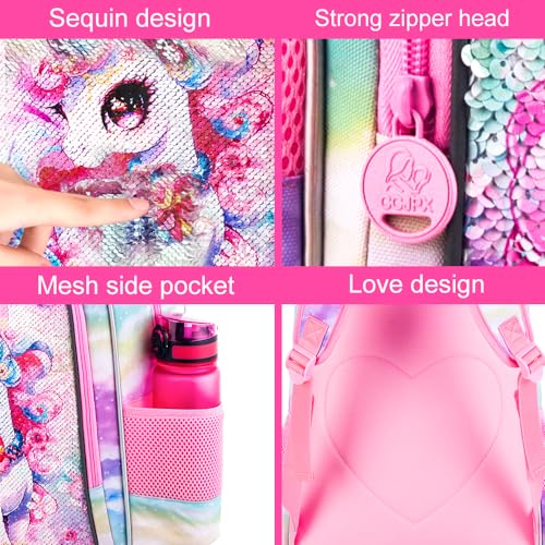 Image of HPJGD 3PCS Unicorn Backpack for Girls, Water Resistant Kids Sequins Bookbag Set with Lunch Box,Cute Elementary School Bag for Preschool Toddler